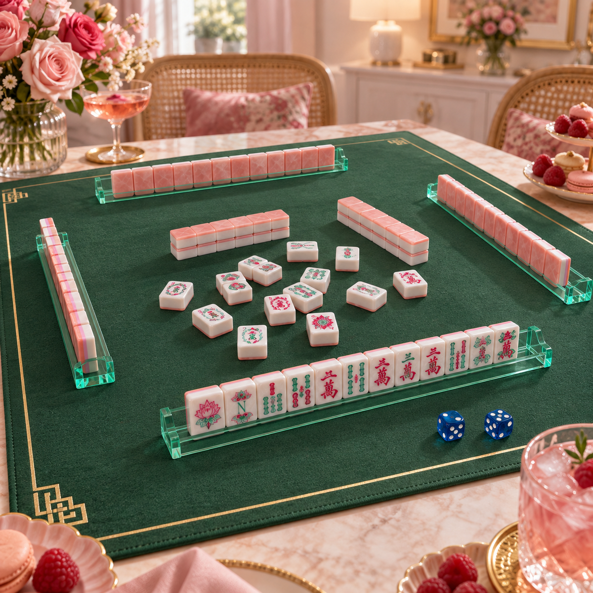 Rose Club mahjong tiles in a styled game setting with a green mat, green racks and blue dice