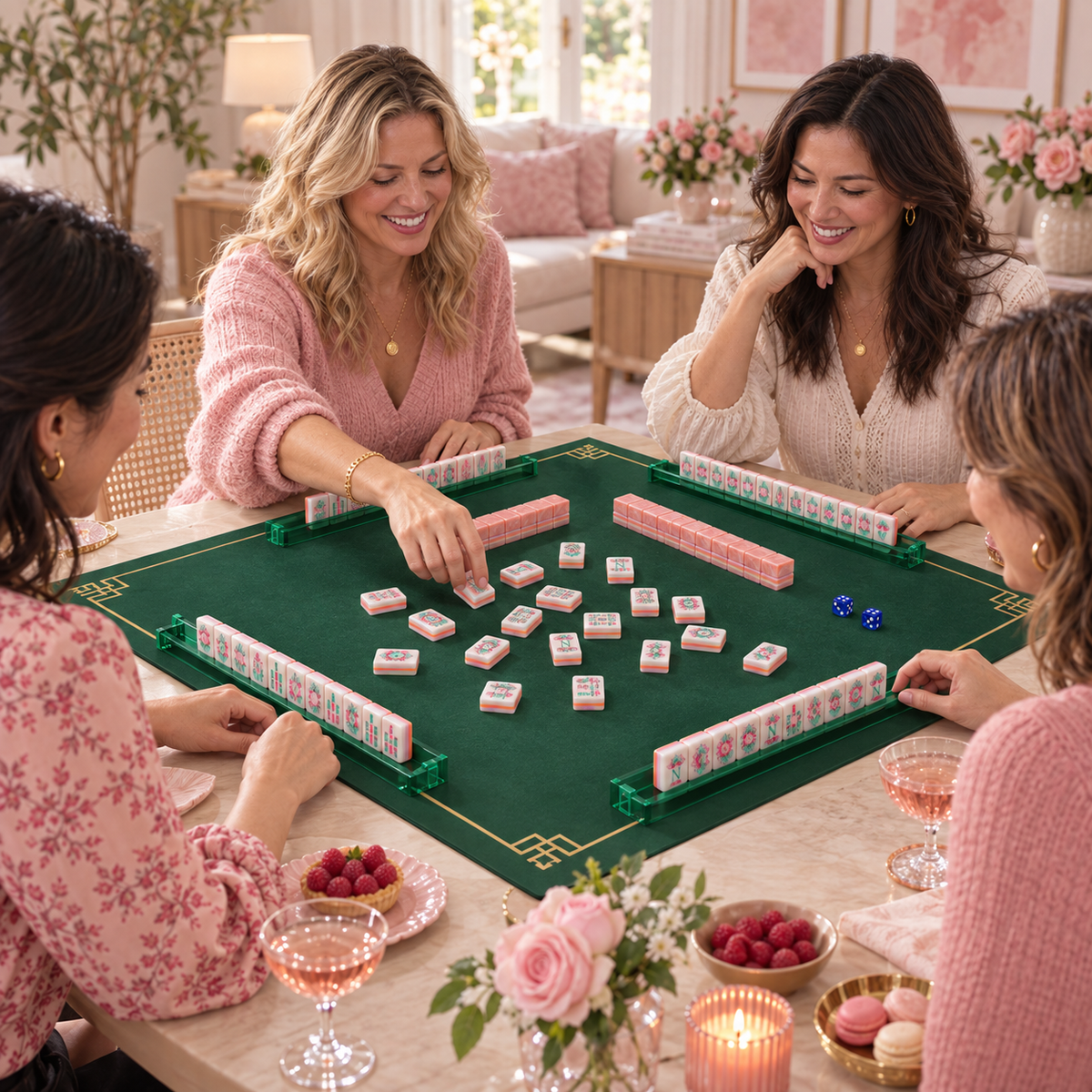 Rose Club mahjong tiles in a styled game setting with a green mat, green racks and blue dice