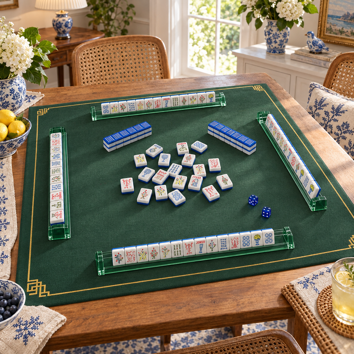 Stitch And Play mahjong tiles in a styled game setting with a green mat, green racks and blue dice