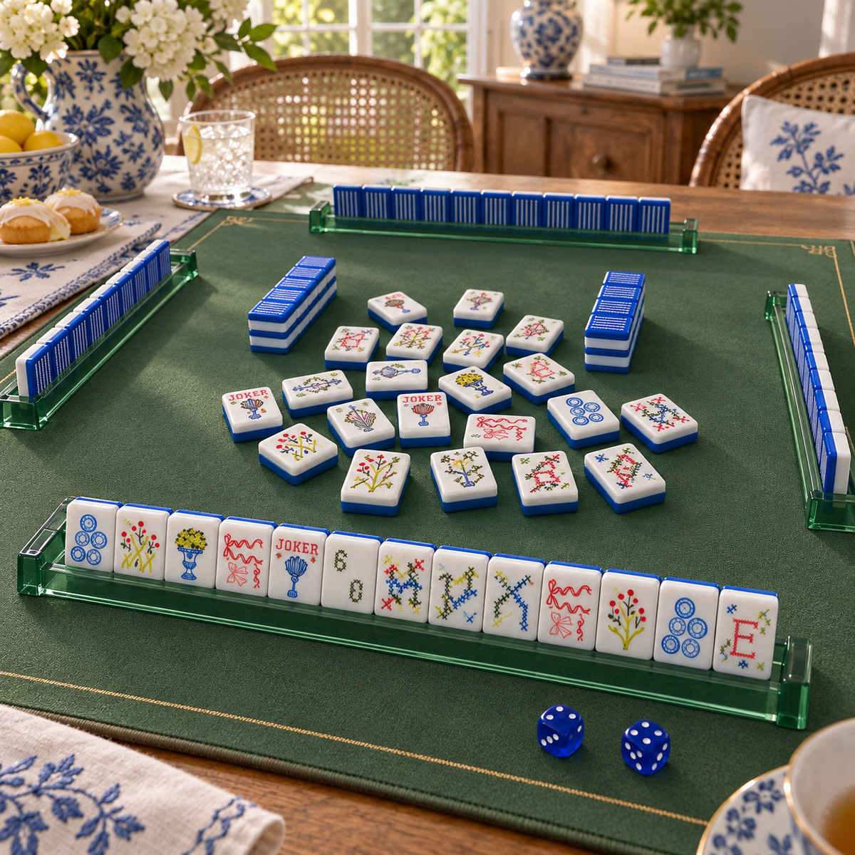 Stitch And Play mahjong tiles in a styled game setting with a green mat, green racks and blue dice