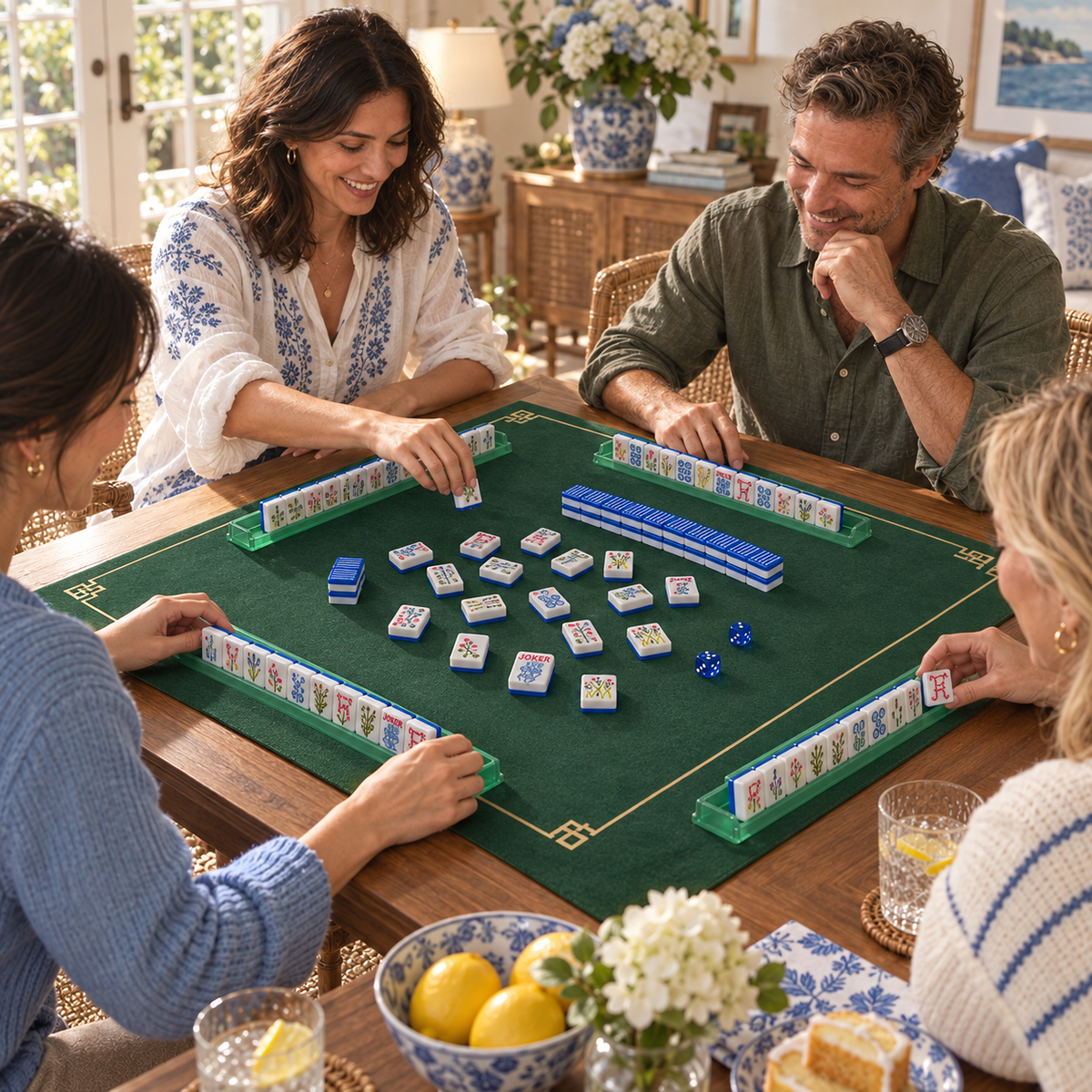 Stitch And Play mahjong tiles in a styled game setting with a green mat, green racks and blue dice
