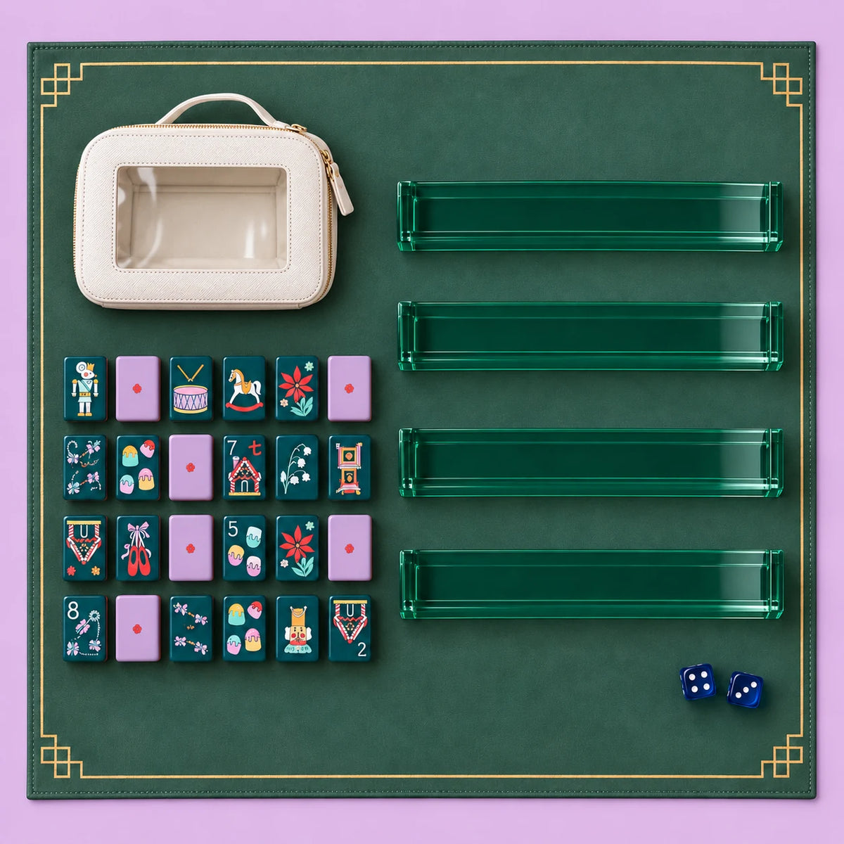 Sugarplum kit accessories with a selection of tiles, four racks, mat, two dice and zippered pouch