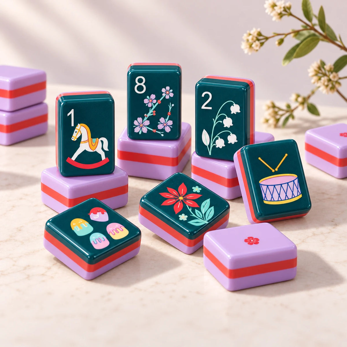 Sugarplum — tile designs arranged in a sunlit still life