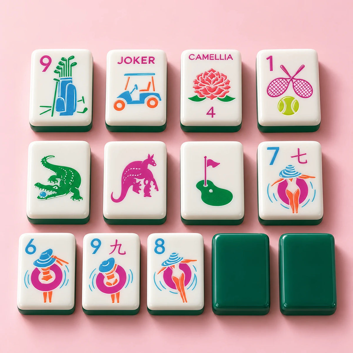 Country Club mahjong tiles — selected designs and emerald backs, studio packshot