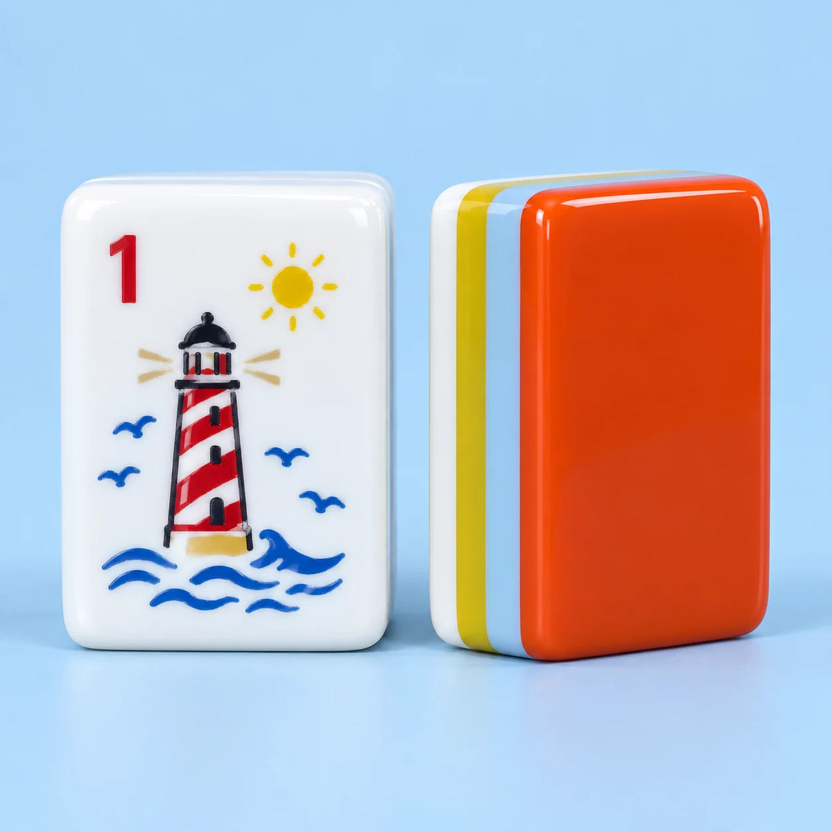 Harbour Hour American mahjong tiles, white tile face with nautical artwork and orange reverse with light blue, yellow and white layers