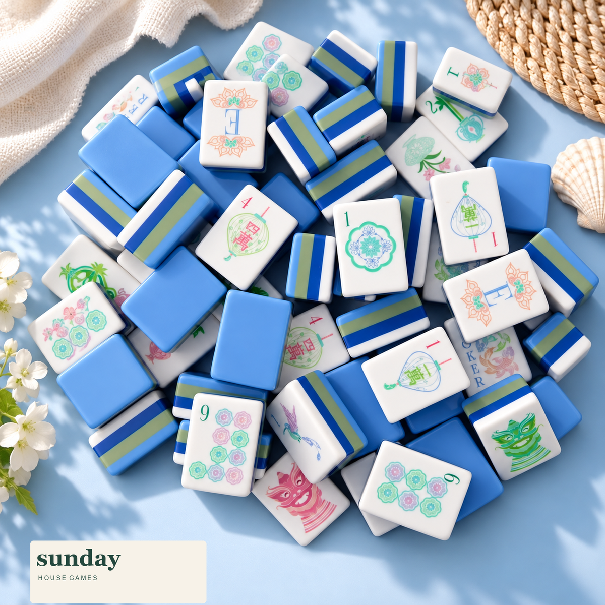Blue Hour blue acrylic american mahjong tiles — styled product view