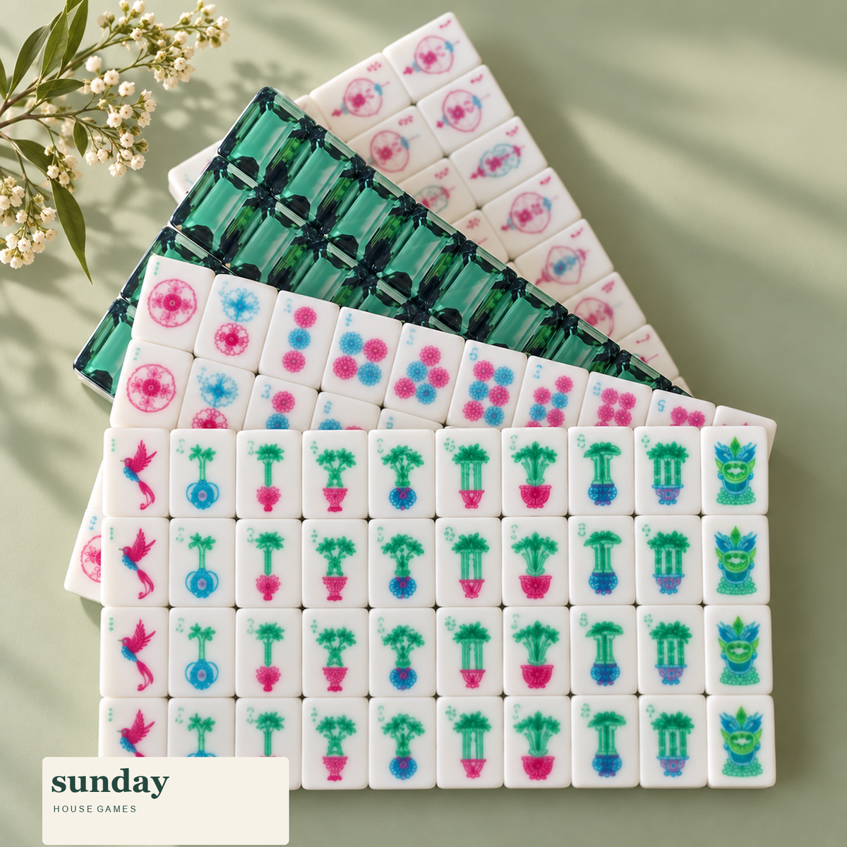 Emerald Hour emerald american mahjong tiles — styled product view