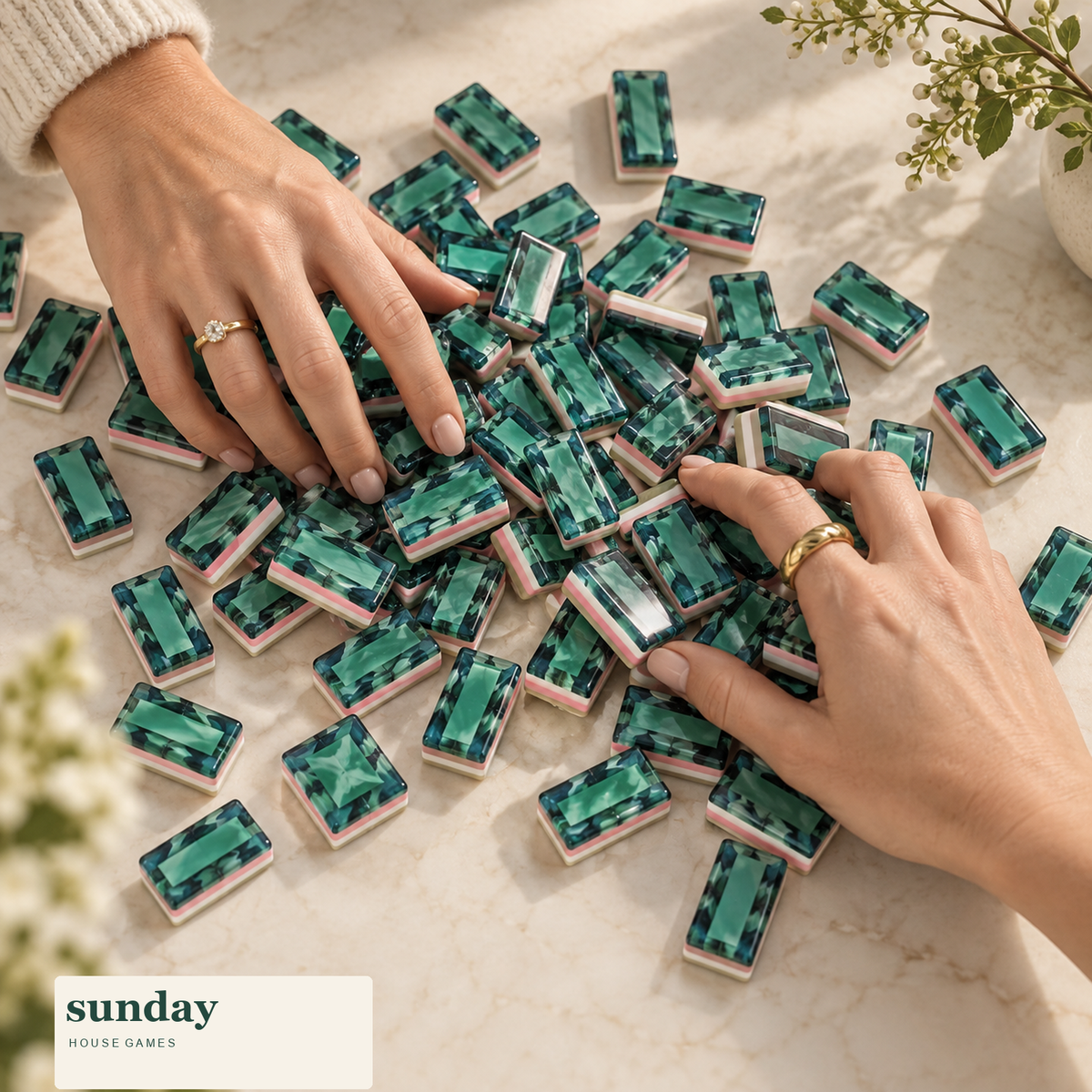 Emerald Hour emerald american mahjong tiles — hands with tiles