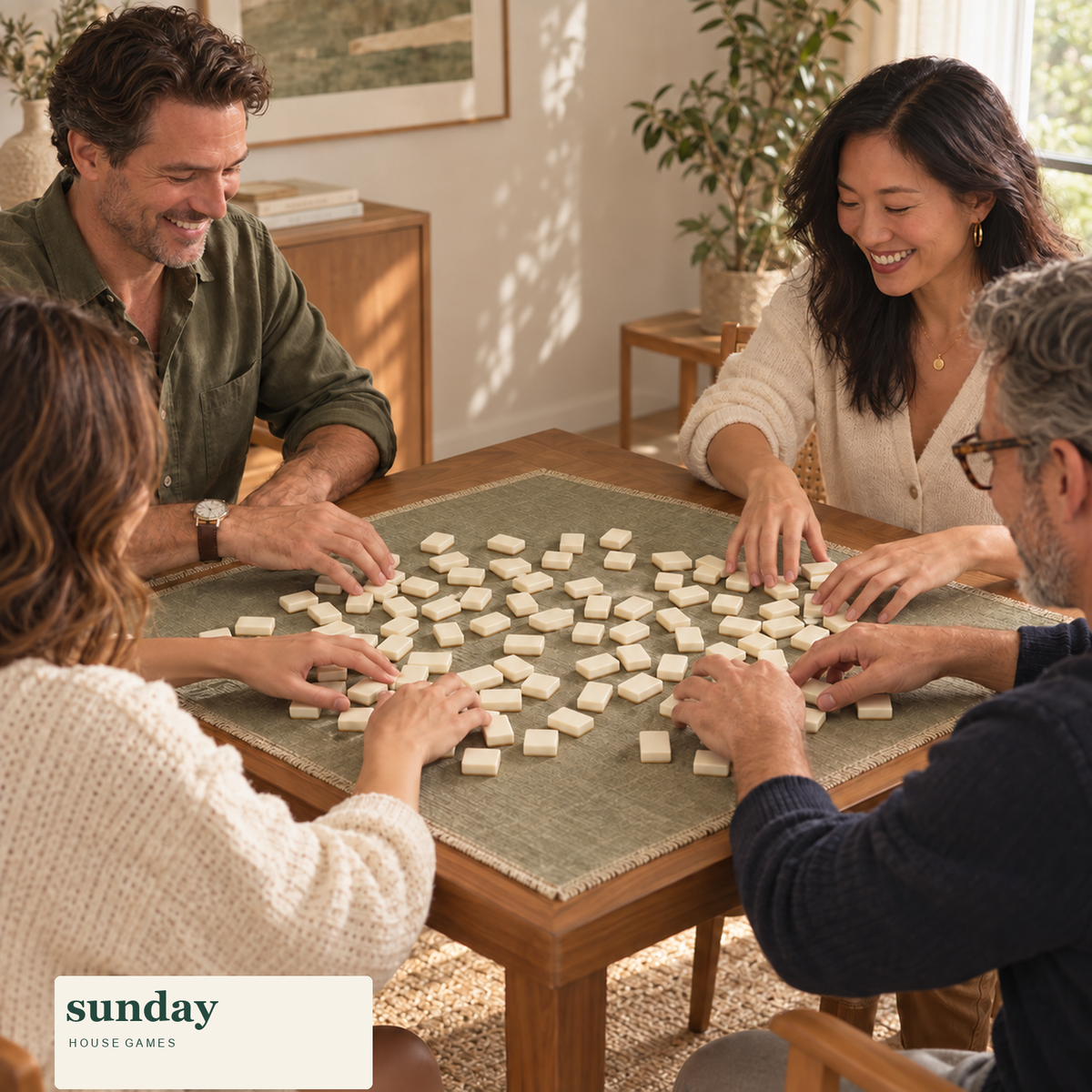 Heirloom Hour mahjong set with case — friends gathered around the tiles