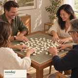 Heirloom Hour mahjong set with case — friends gathered around the tiles