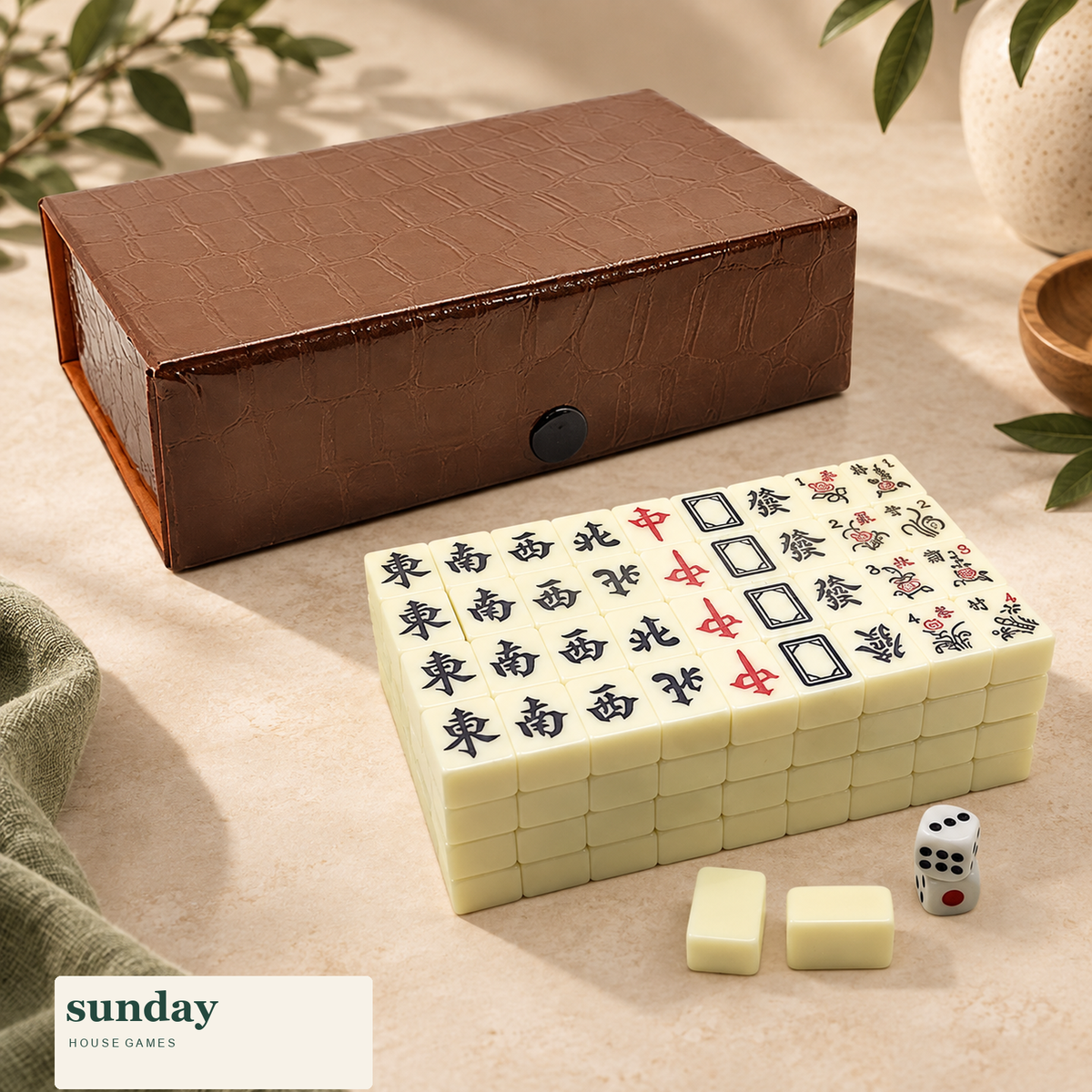 Little Ritual mini chinese mahjong set with box — styled product view