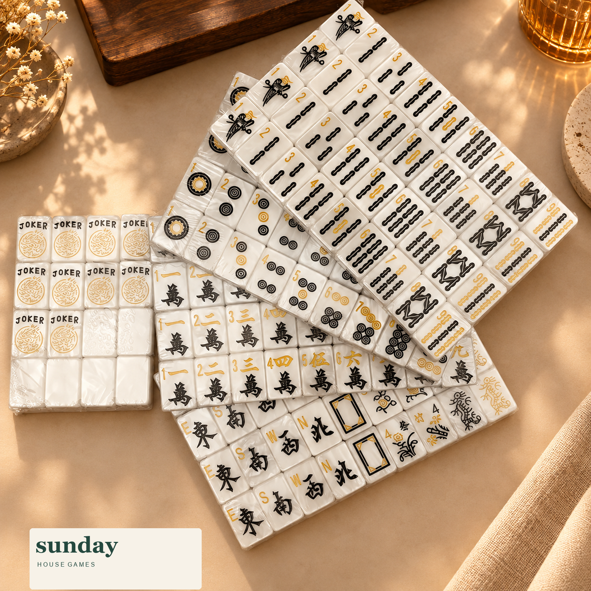 Noir & Gold black gold american mahjong tiles — styled product view