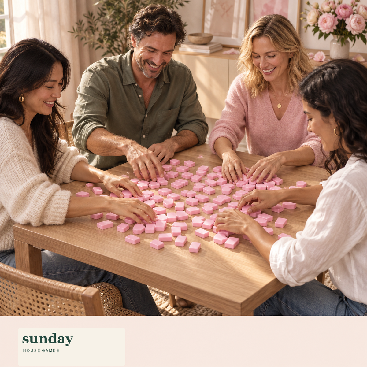 Petite — Blush pink mini chinese mahjong set — friends gathered around the tiles