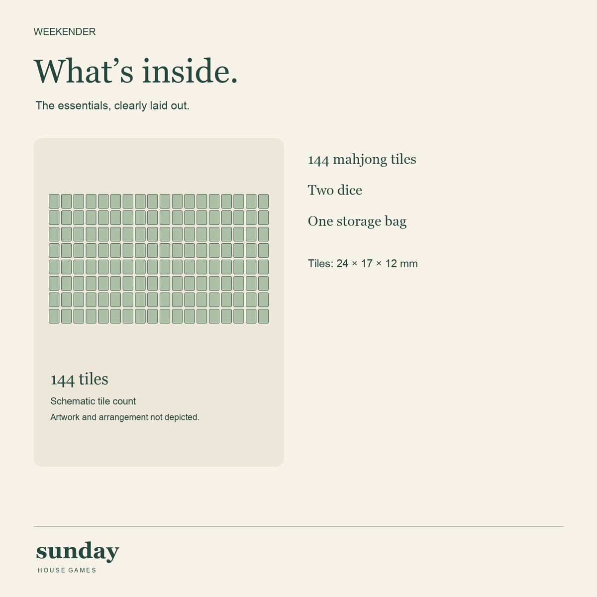 Petite — Matcha green mini chinese mahjong set — contents schematic