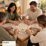 Petite — Milk white mini chinese mahjong set — friends gathered around the tiles