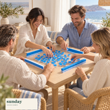 Pocket Party — Blue blue mini chinese mahjong set — friends gathered around the tiles