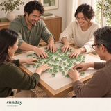 Pocket Party — Green green mini chinese mahjong set — friends gathered around the tiles