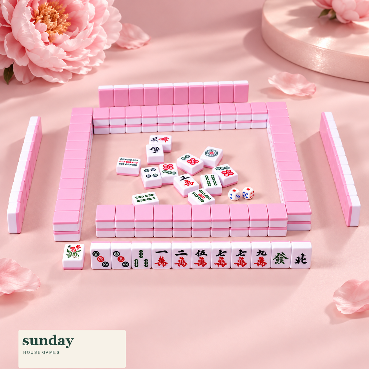 Pocket Party — Rose pink mini chinese mahjong set — styled product view