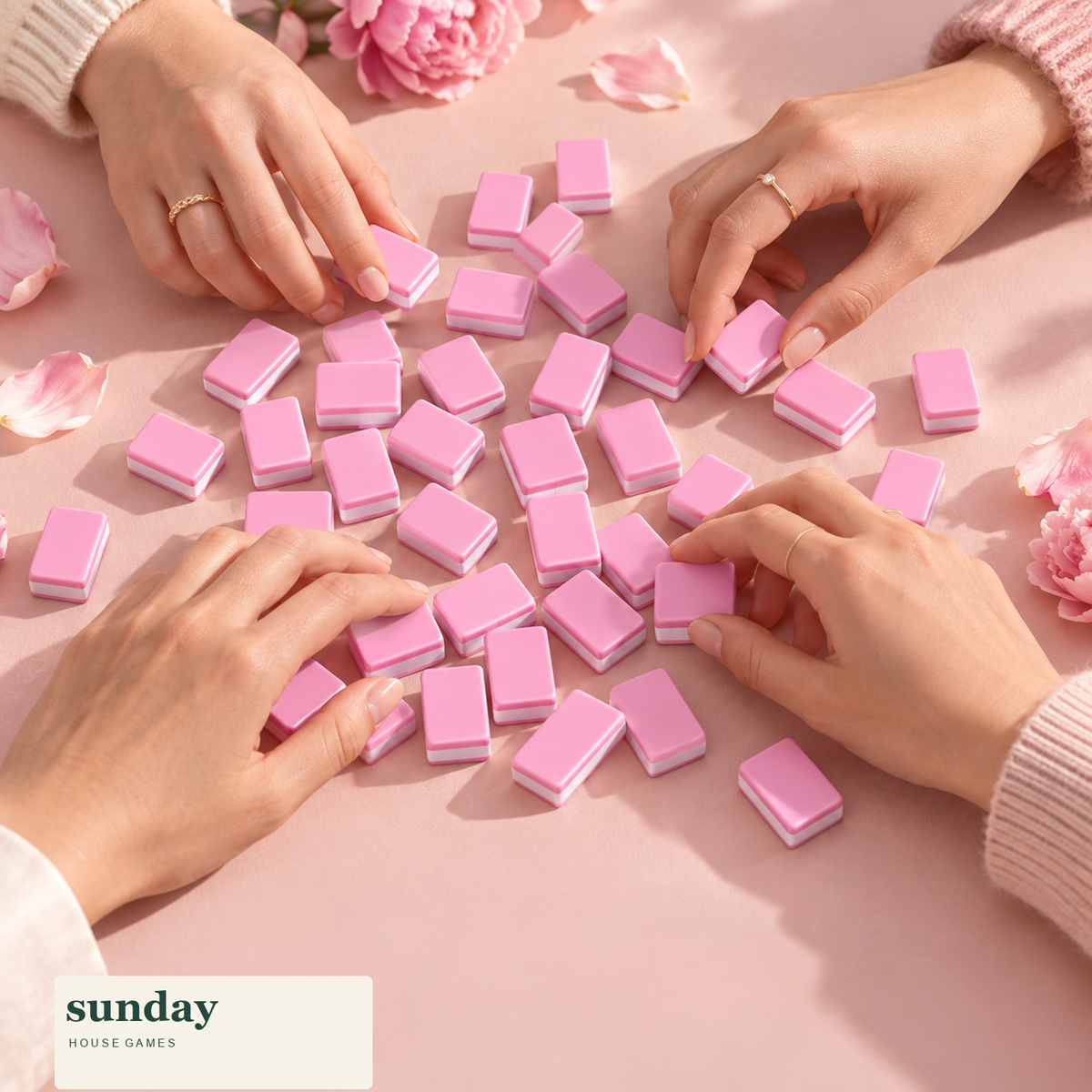Pocket Party — Rose pink mini chinese mahjong set — hands with tiles