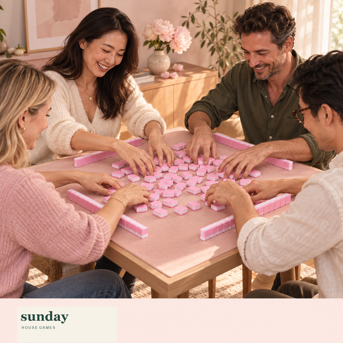 Pocket Party — Rose pink mini chinese mahjong set — friends gathered around the tiles