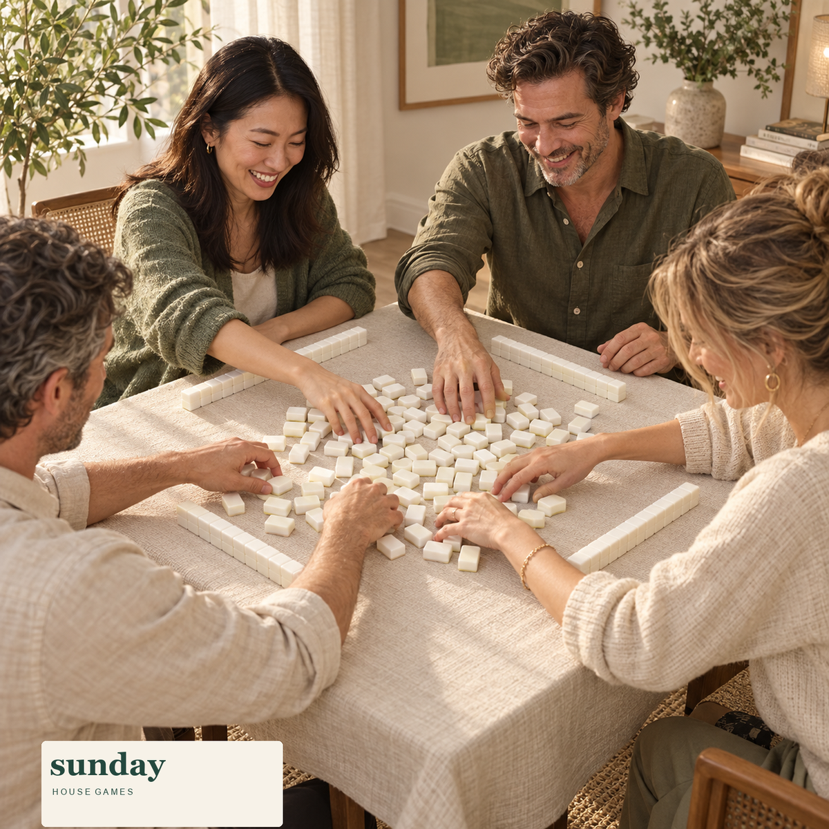 Pocket Party — White white mini chinese mahjong set — friends gathered around the tiles