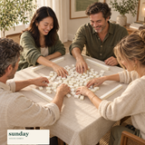 Pocket Party — White white mini chinese mahjong set — friends gathered around the tiles