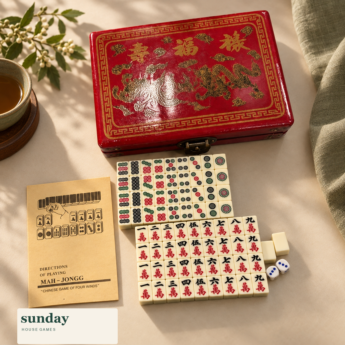 Reunion chinese mahjong set with case — styled product view
