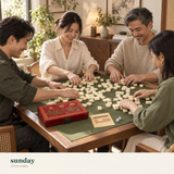 Reunion chinese mahjong set with case — friends gathered around the tiles