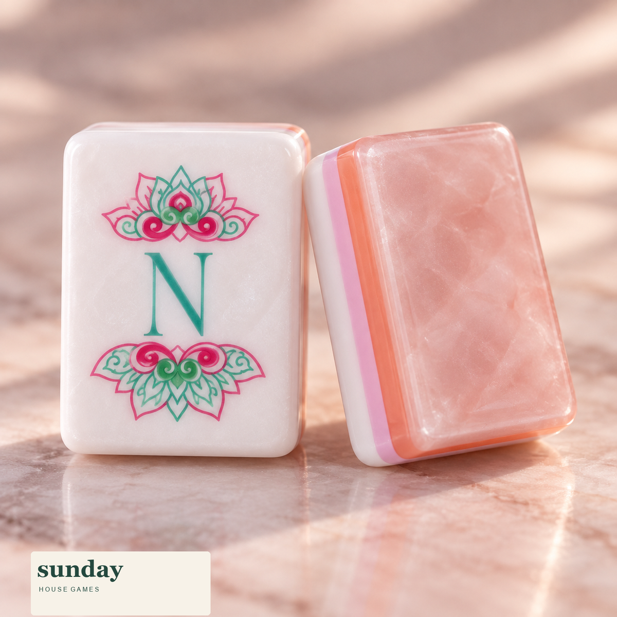 Rose Club pearl pink american mahjong tiles — tile close-up