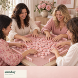 Rose Club pearl pink american mahjong tiles — friends gathered around the tiles