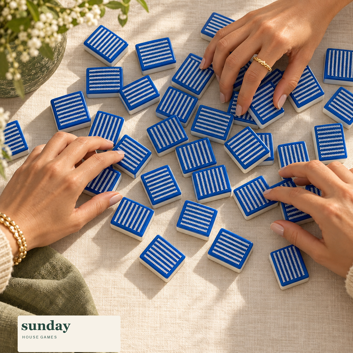 Stitch & Play layered acrylic american mahjong tiles — hands with tiles