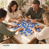 Stitch & Play layered acrylic american mahjong tiles — friends gathered around the tiles