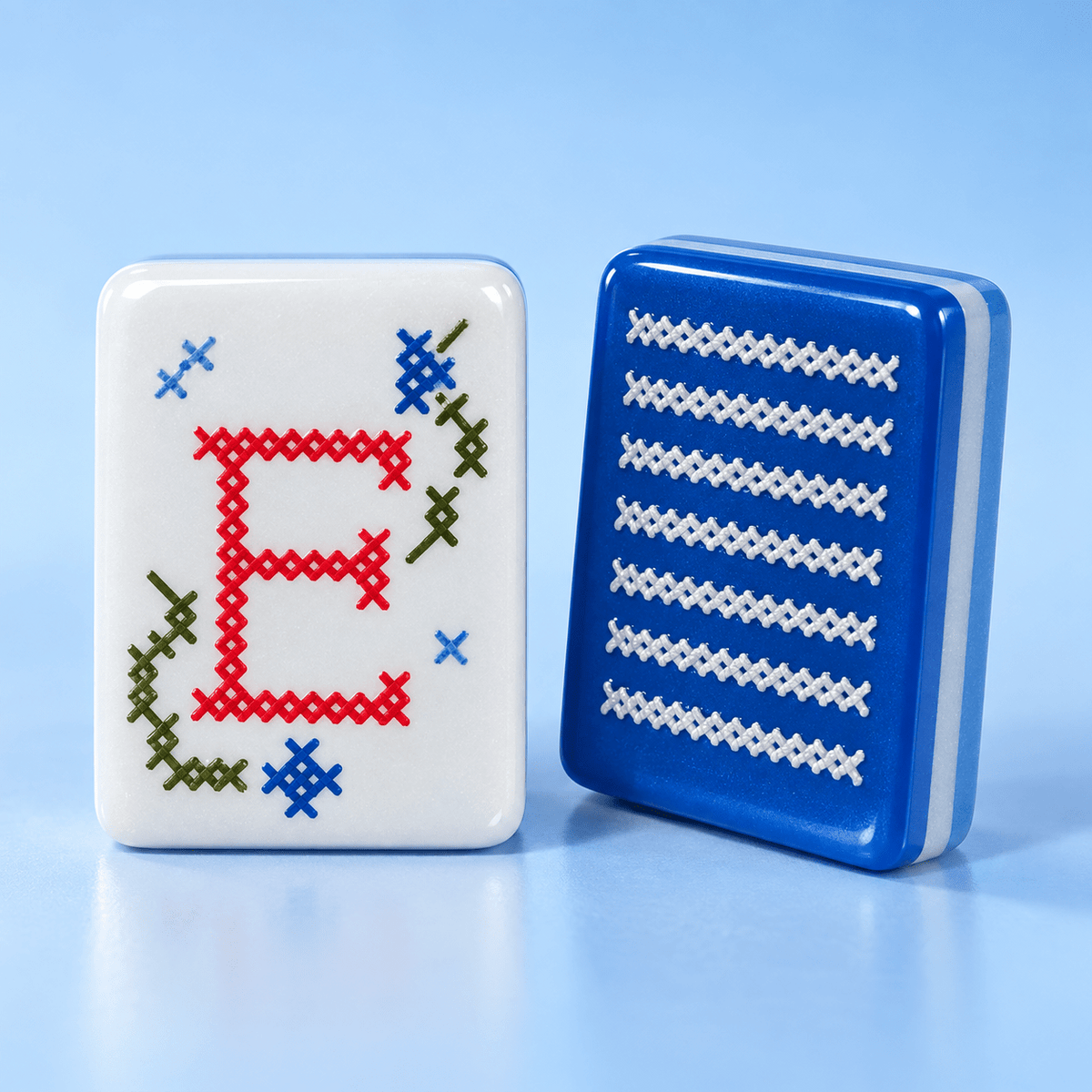 Stitch & Play blue & white American mahjong tiles, front and back detail