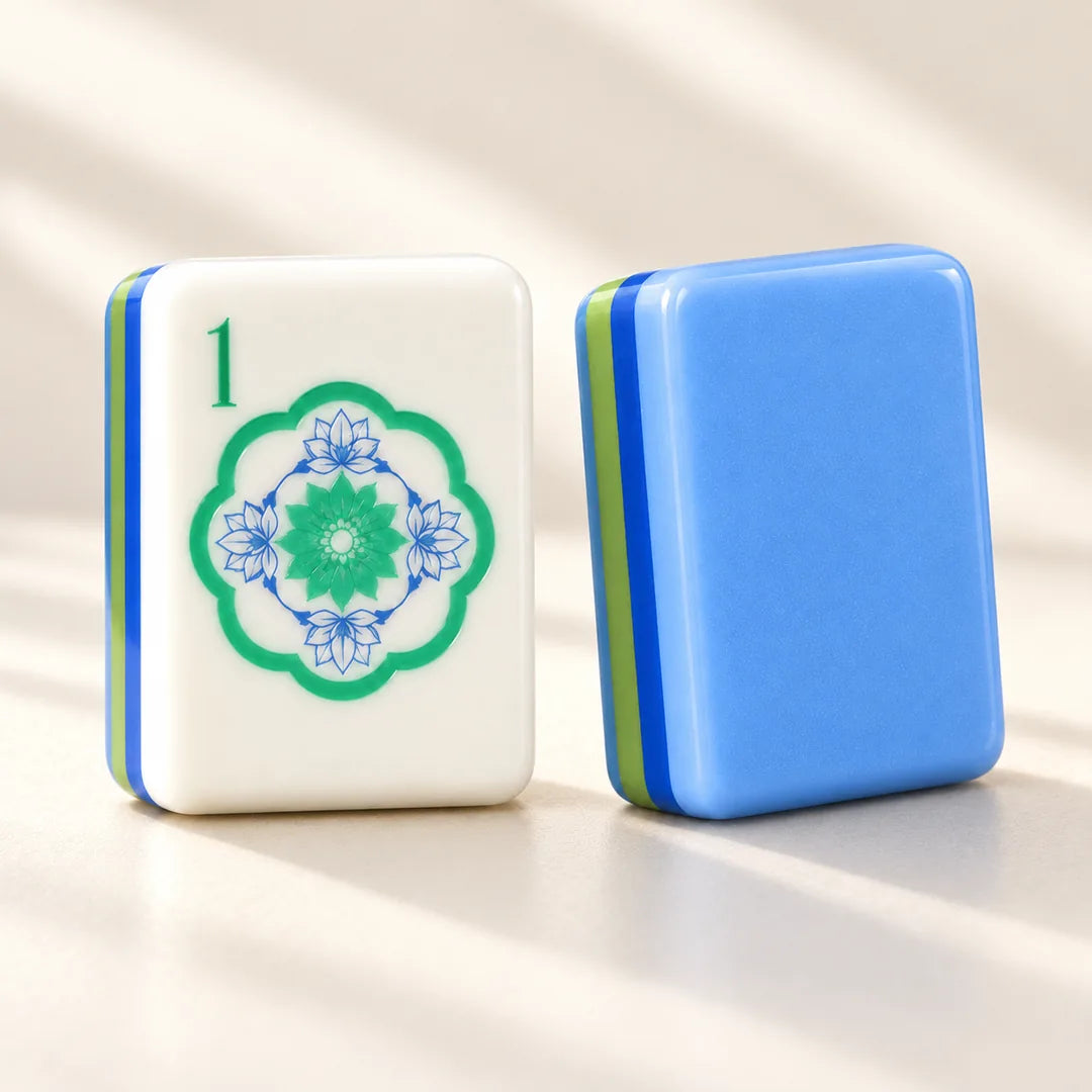 Blue Hour mahjong tiles, a closer look at the face, reverse and acrylic finish