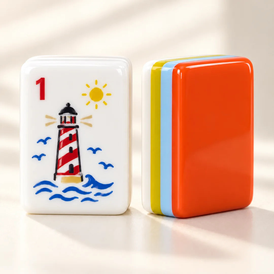 Harbour Hour mahjong tiles, a closer look at the face, reverse and acrylic finish