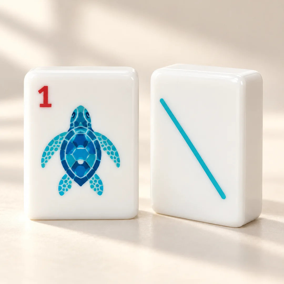 Ocean Parade mahjong tiles, a closer look at the face, reverse and acrylic finish