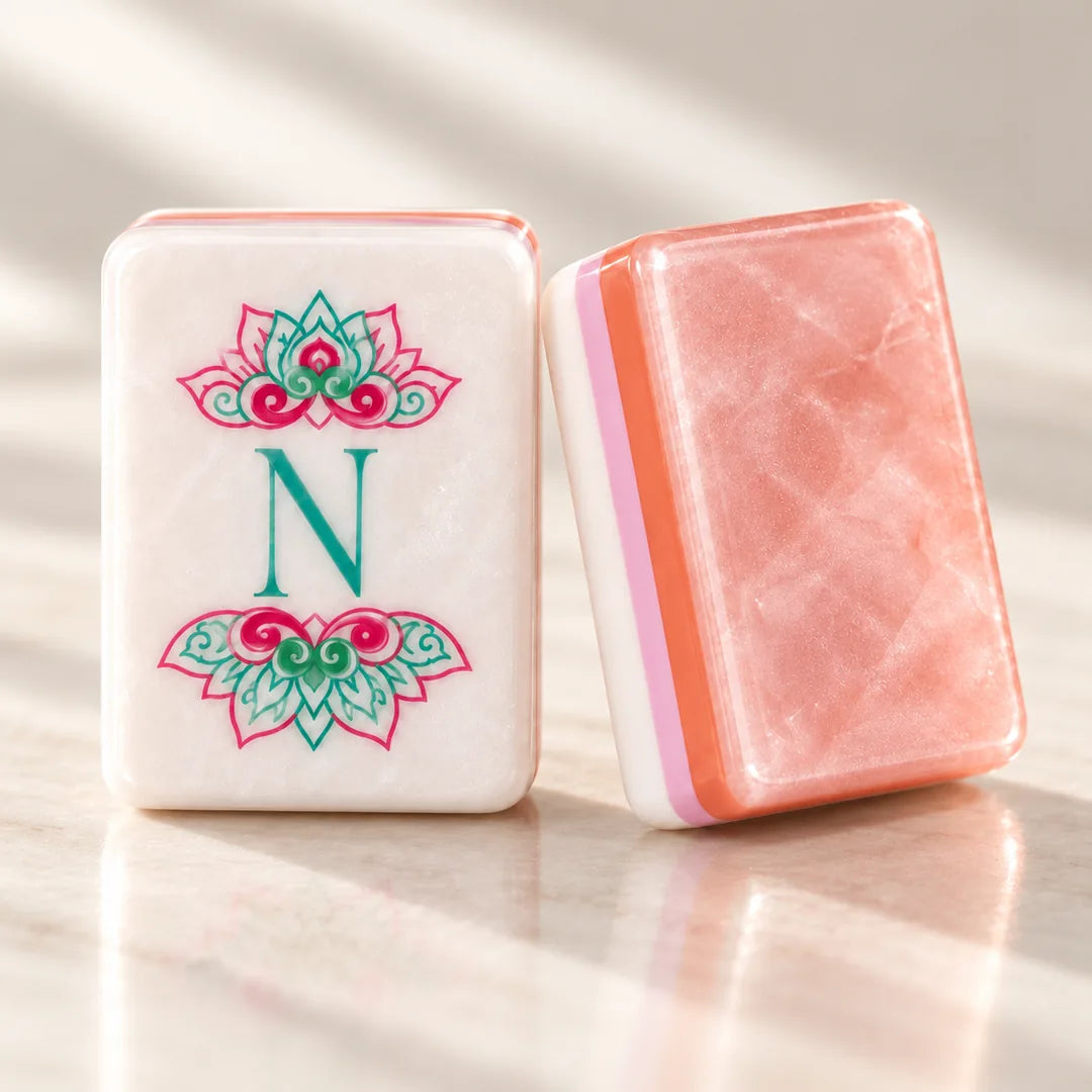 Rose Club mahjong tiles, a closer look at the face, reverse and acrylic finish