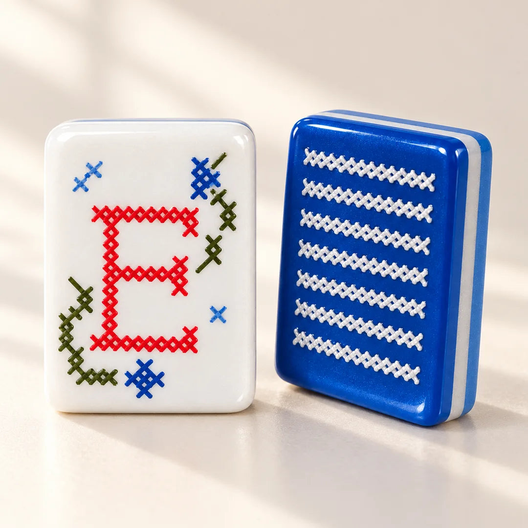 Stitch & Play mahjong tiles, a closer look at the face, reverse and acrylic finish